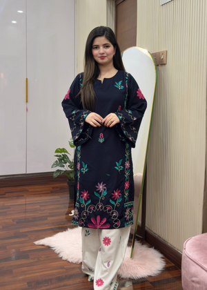 Girls' Royal Red Embroidered 3-Piece Silk Lawn Suit